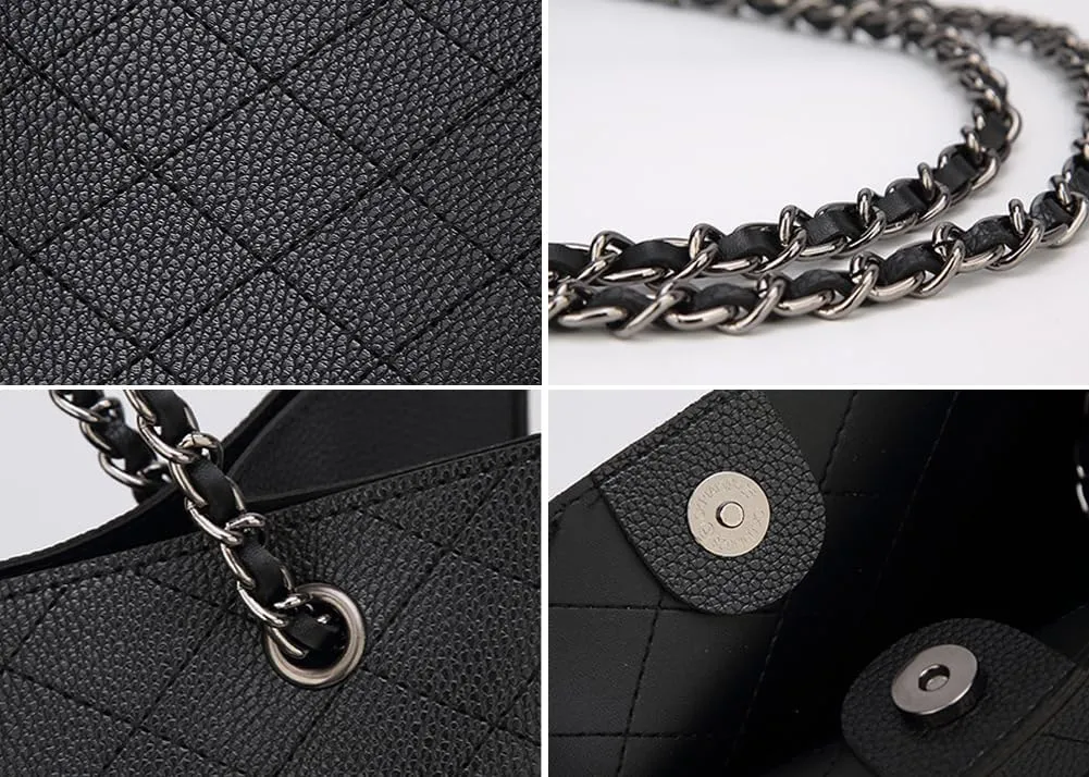 Womens Trendy Vegan Leather Shoulder Bag Large Chain Tote Purses Ladies Commuting Handbags Satchels 2pcs