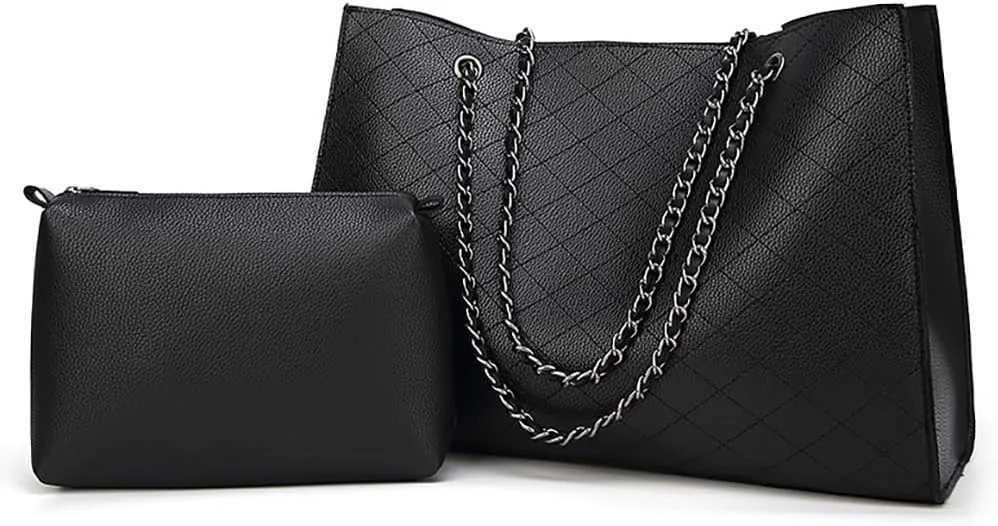 Womens Trendy Vegan Leather Shoulder Bag Large Chain Tote Purses Ladies Commuting Handbags Satchels 2pcs