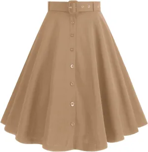 Women's Vintage Midi Skirt, Stretch High Waist A-Line Swing Skirts Elegant Prom Party Clothes with Pockets and Belts