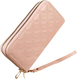 Womens Wallet Wristlet RFID Blocking Large Capacity Zip Around Clutch Purse Quilted Leather Double Zipper Card Holder
