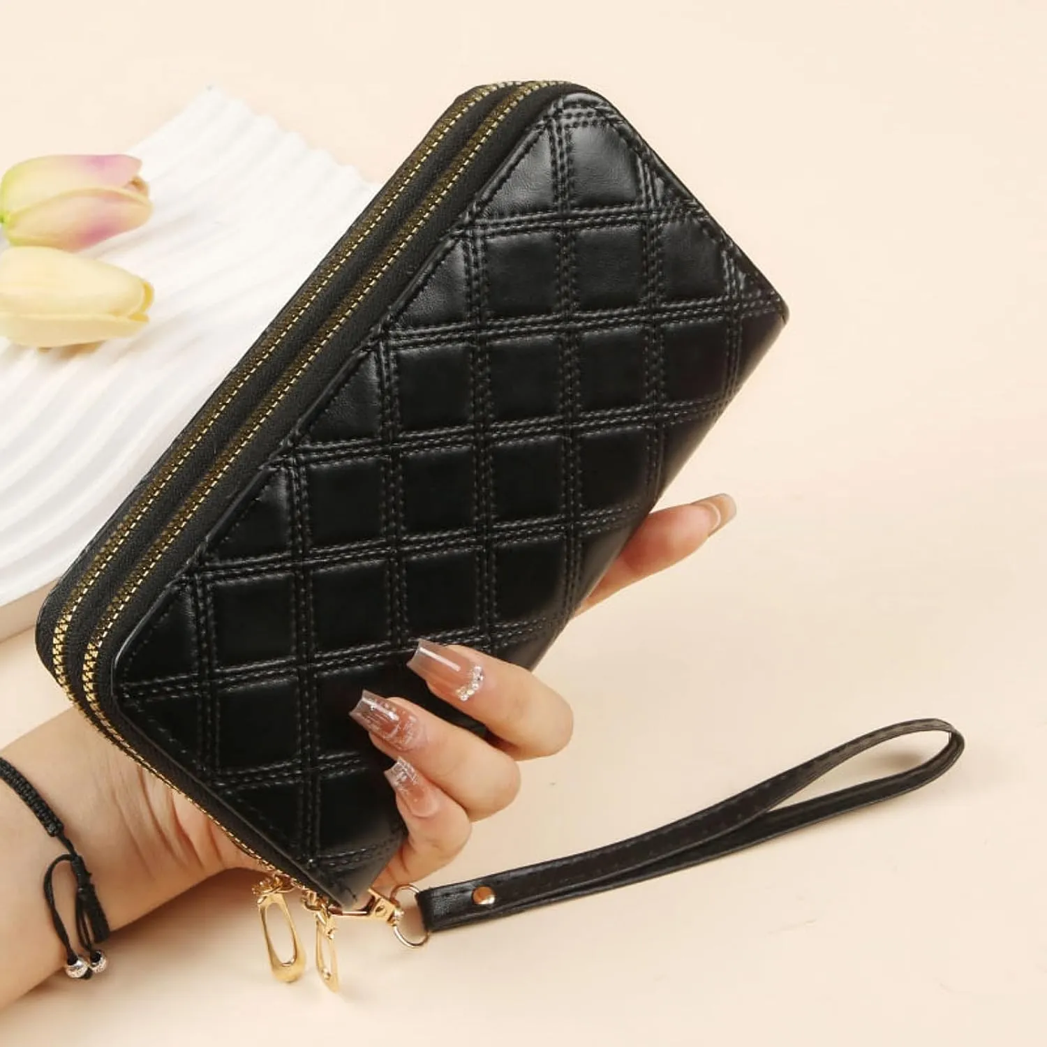 Womens Wallet Wristlet RFID Blocking Large Capacity Zip Around Clutch Purse Quilted Leather Double Zipper Card Holder