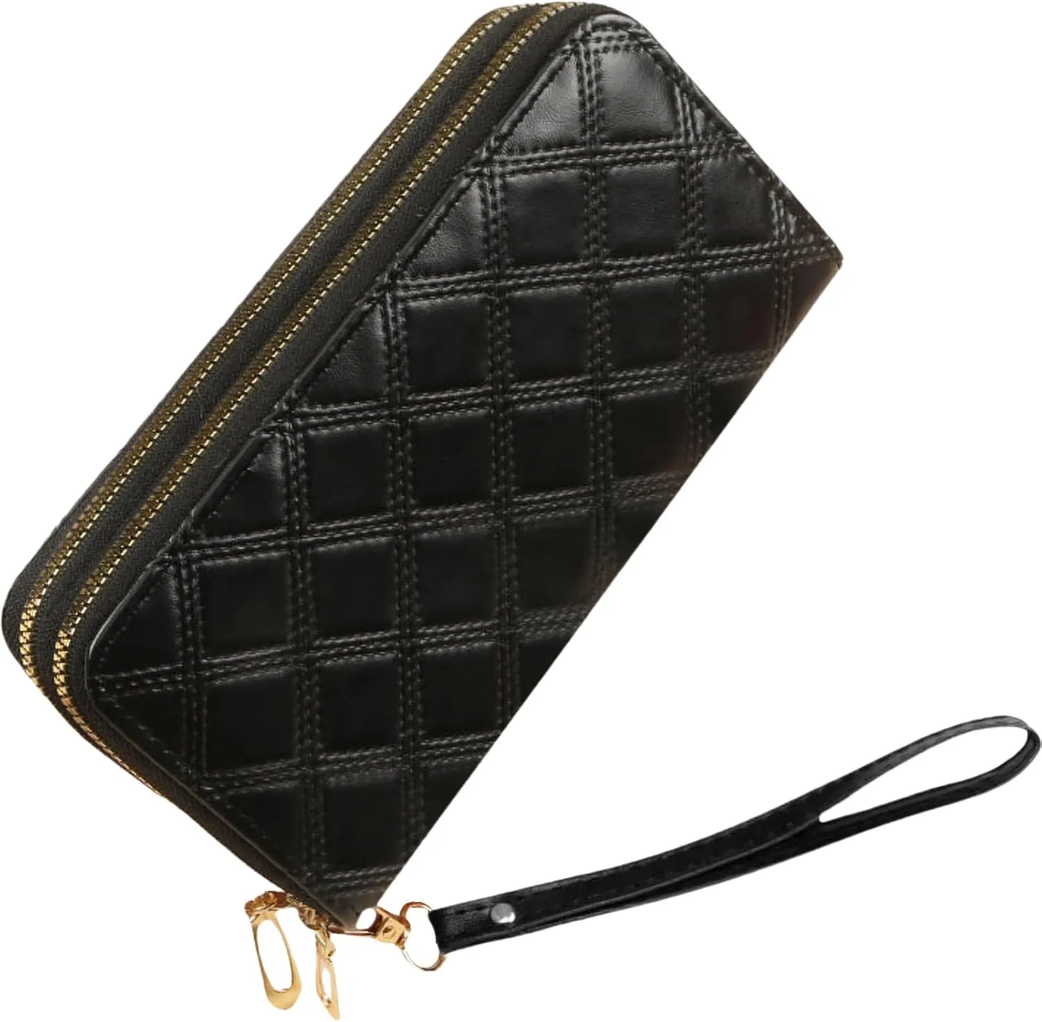 Womens Wallet Wristlet RFID Blocking Large Capacity Zip Around Clutch Purse Quilted Leather Double Zipper Card Holder