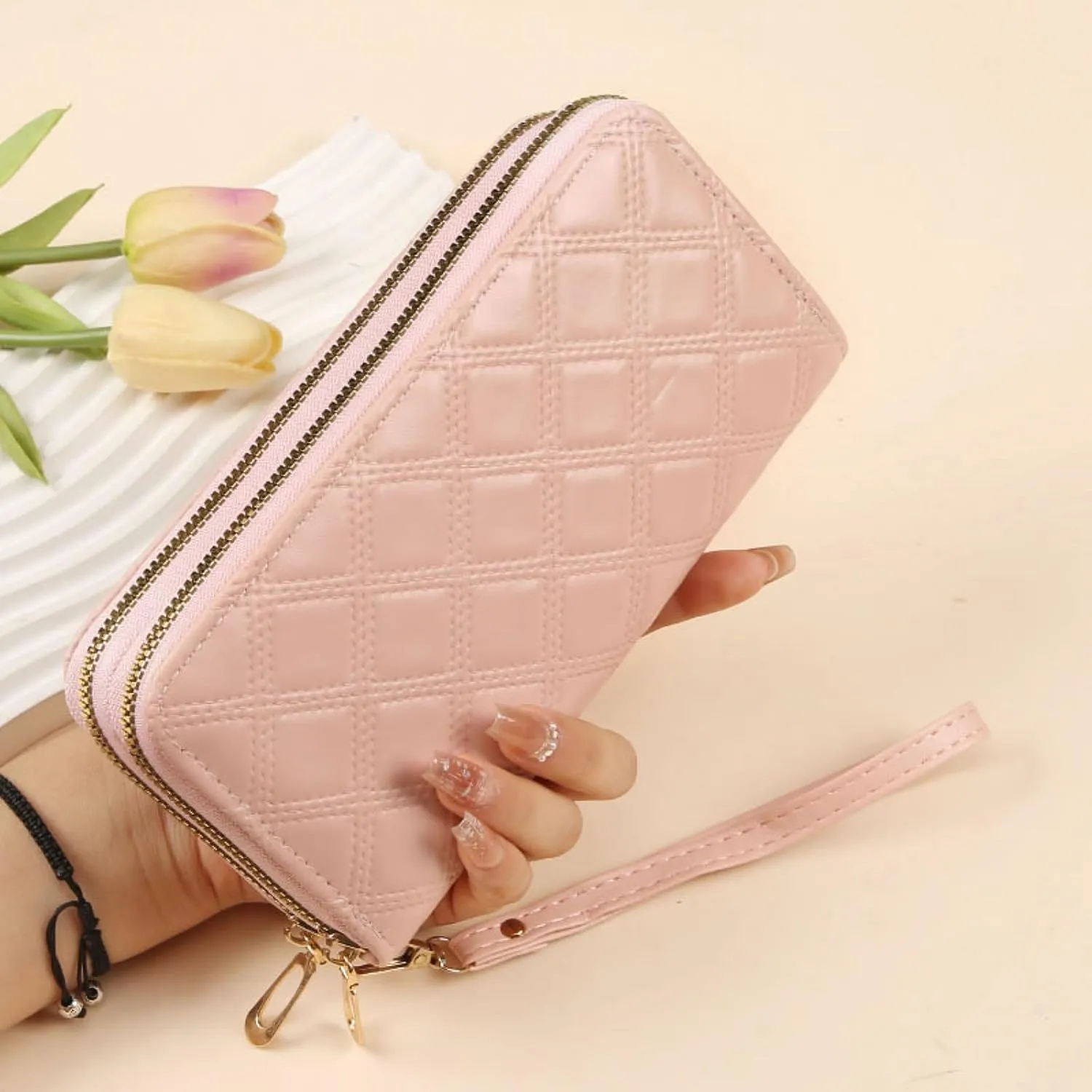 Womens Wallet Wristlet RFID Blocking Large Capacity Zip Around Clutch Purse Quilted Leather Double Zipper Card Holder