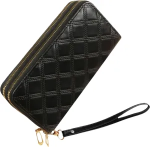 Womens Wallet Wristlet RFID Blocking Large Capacity Zip Around Clutch Purse Quilted Leather Double Zipper Card Holder