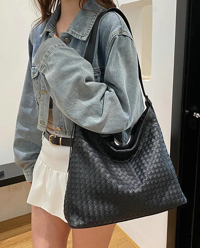 Woven Bags Women Slouchy Underarm Woven Tote Bag Trendy PU Leather Hobo Purse Vintage Shoulder Satchels Handbag for Work