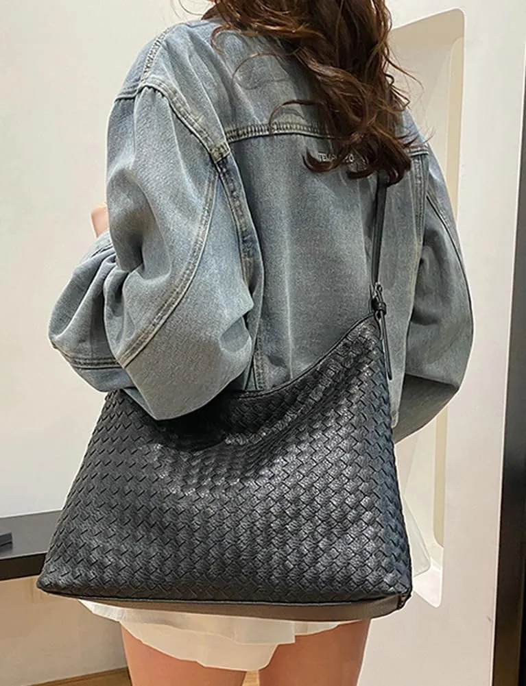 Woven Bags Women Slouchy Underarm Woven Tote Bag Trendy PU Leather Hobo Purse Vintage Shoulder Satchels Handbag for Work