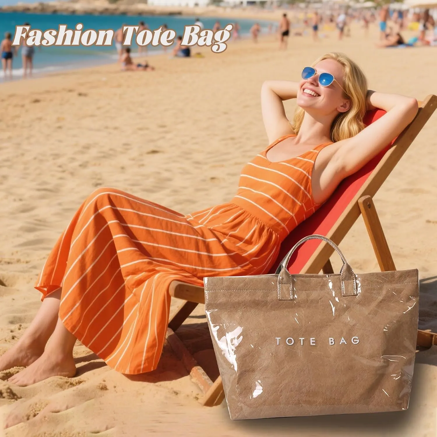 WREWING Tote Bag for Women, Large PVC Work Tote Bags, Kraft Paper Totes Handbag, Fashion Letters Print Beach Bag