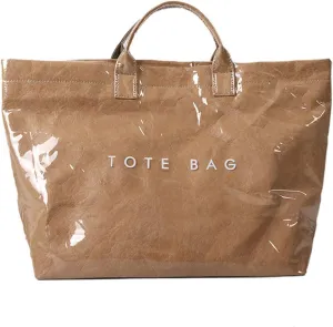 WREWING Tote Bag for Women, Large PVC Work Tote Bags, Kraft Paper Totes Handbag, Fashion Letters Print Beach Bag