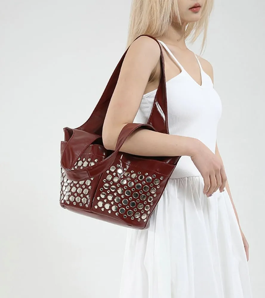 Y2k 90s Studded Hobo Bags Women PU Leather Punk Crescent Crossbody Purse Satchels Trendy Underarm Shoulder Tote Handbag