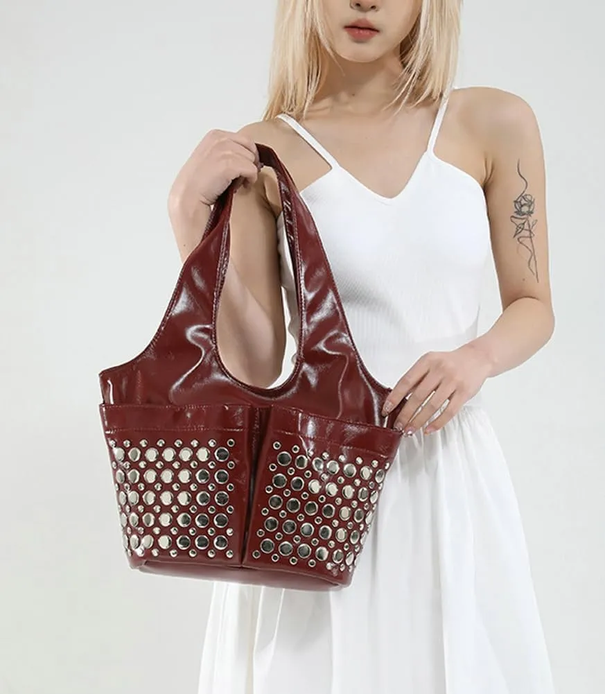 Y2k 90s Studded Hobo Bags Women PU Leather Punk Crescent Crossbody Purse Satchels Trendy Underarm Shoulder Tote Handbag
