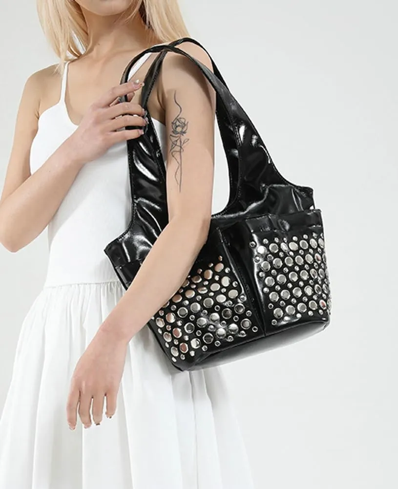 Y2k 90s Studded Hobo Bags Women PU Leather Punk Crescent Crossbody Purse Satchels Trendy Underarm Shoulder Tote Handbag