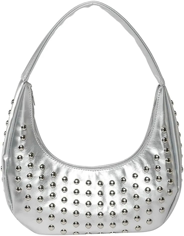 Y2k Studded Crescent Crossbody Purse Women PU Leather Hobo Bags 90s Trendy Shoulder Satchels Punk Underarm Tote Handbag