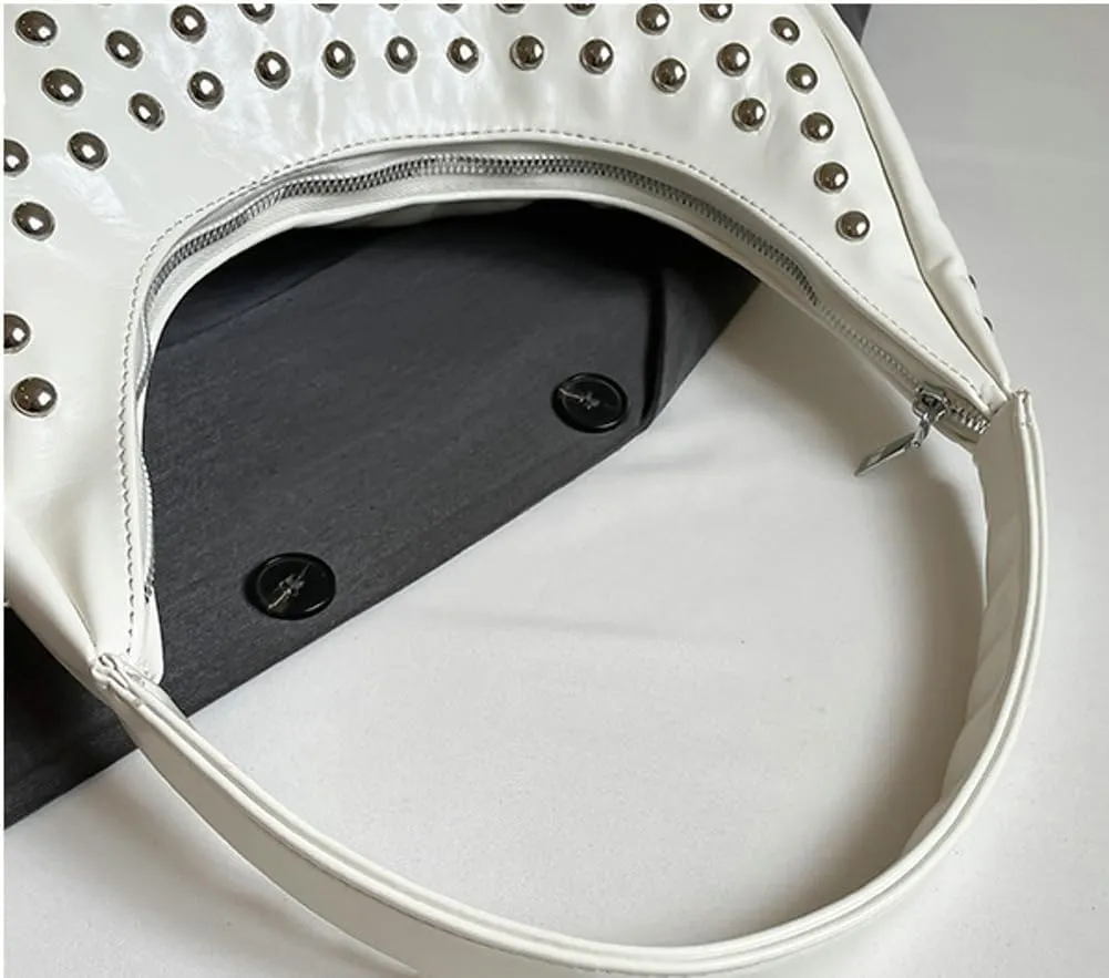Y2k Studded Crescent Crossbody Purse Women PU Leather Hobo Bags 90s Trendy Shoulder Satchels Punk Underarm Tote Handbag