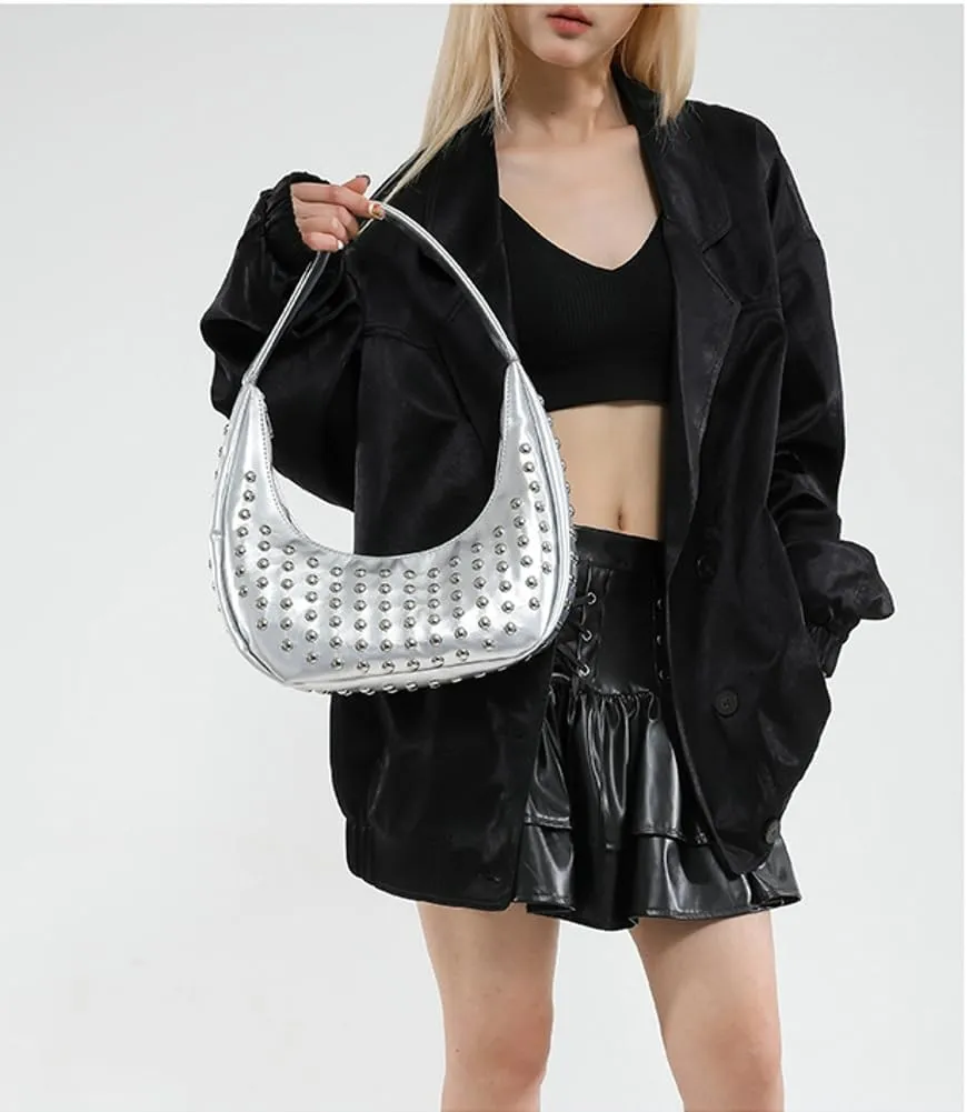 Y2k Studded Crescent Crossbody Purse Women PU Leather Hobo Bags 90s Trendy Shoulder Satchels Punk Underarm Tote Handbag